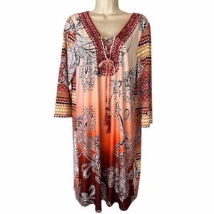 NWT Melissa Paige Dress XL 3/4 Sleeve Knee Length Tie Tasseled Boho Travel Work